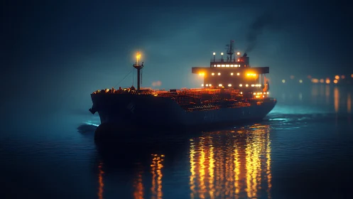 Midnight tanker glows like a drifting city of sparks.
