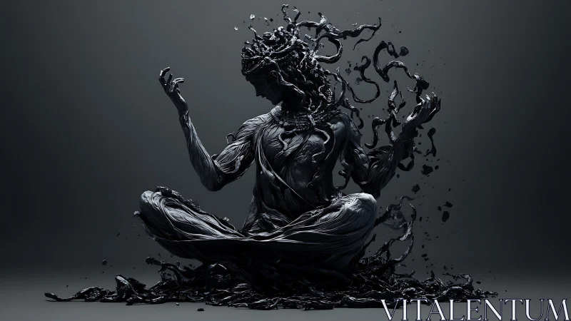 Liquid obsidian figure dissolves in meditative suspension