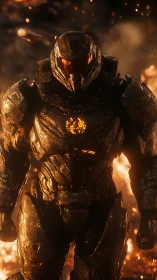 Armored sci fi soldier walking through intense fiery battlefield.