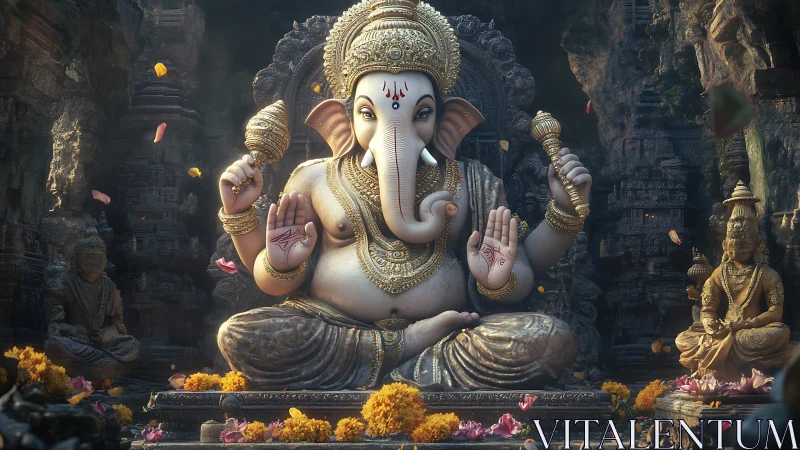 Majestic Ganesha idol in luminous cavern shrine setting.