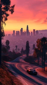 Golden city skyline welcomes a lone sunset highway drive