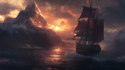 Digital painting seascape with tall ship and volcanic peak at dusk.