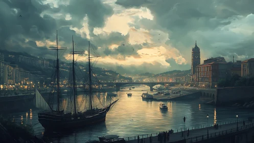 Tall-masted ship rests in misty European river harbor at dusk