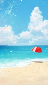 Coastal boundary rendering with solitary red parasol focus.