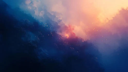 Luminous cloudscape over deep blue horizon at dusk.