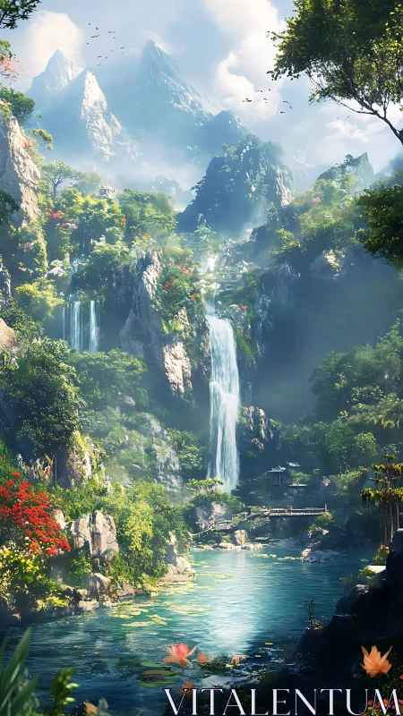 Vertical fantasy gorge with layered waterfalls and diffuse volumetric light