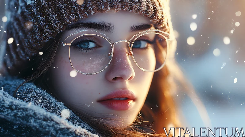 Winter portrait of girl in glasses with luminous snowflakes.