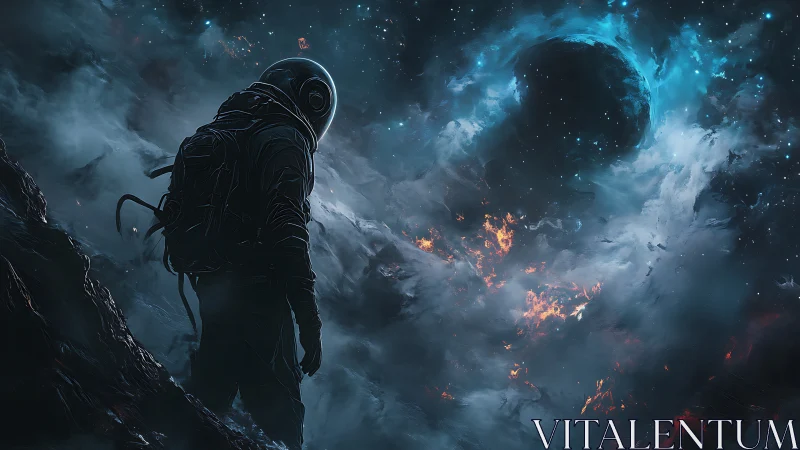 Solitary astronaut against blazing cosmic storm horizon.
