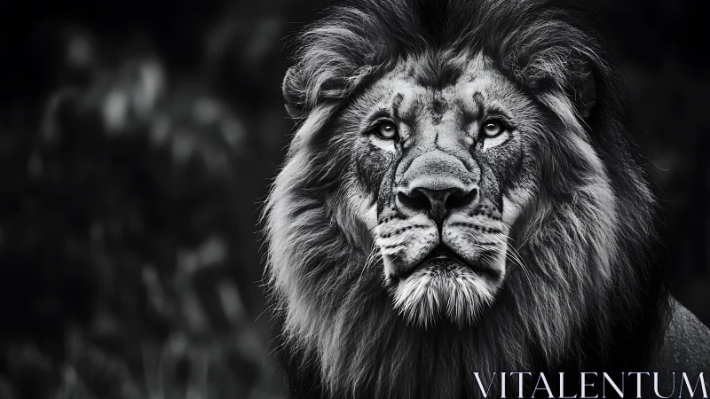 Monochrome close-up portrait of mature male lion head.