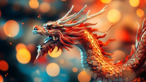 Luminous cyber-dragon coiling through bokeh firelight.