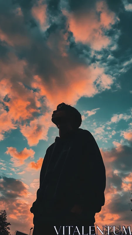 Silhouetted figure under teal and coral cinematic skyscape.