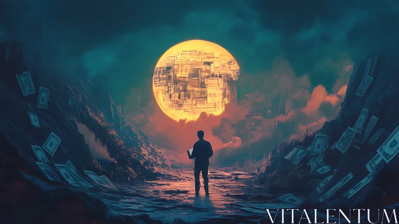 Lone figure faces glowing money moon in surreal canyon.