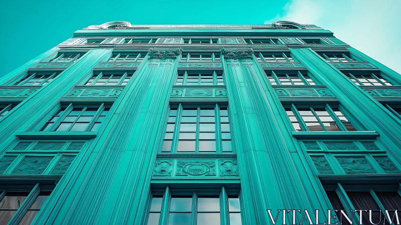 Turquoise neoclassical high rise facade with vertical columns.