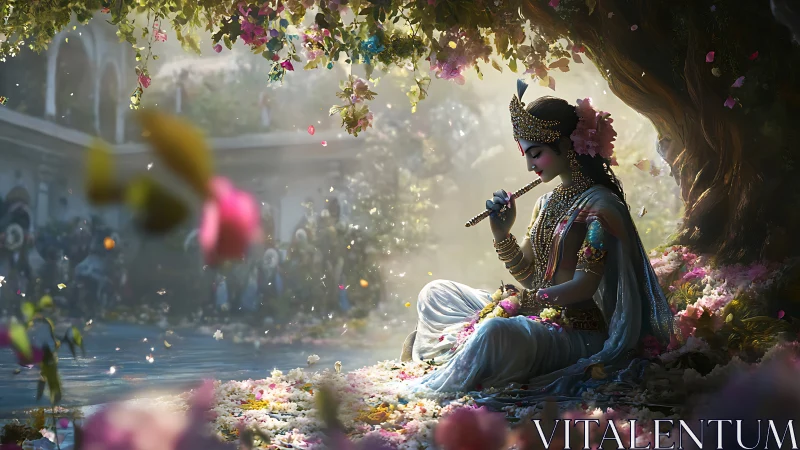 Digitally rendered deity flautist beneath florid banyan canopy.