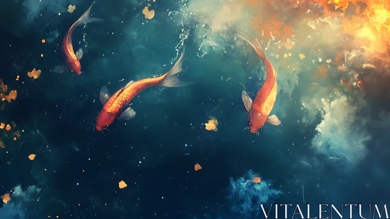 Triptych koi in luminous turbulent aquatic gradient field.