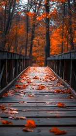 Photorealistic wooden bridge with autumn leaf perspective lines.