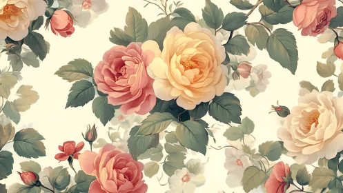 Roses and foliage repeating floral surface illustration design.