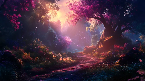 Enchanted Forest Path Glowing with Magical Twilight Light