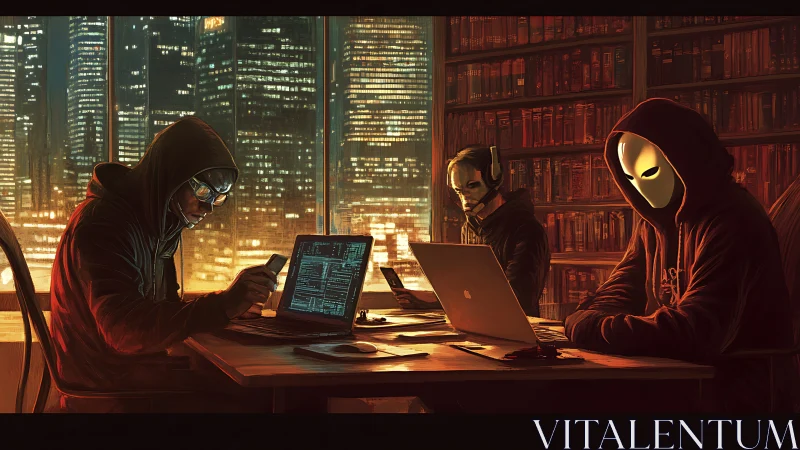 Masked computer users in hoodies at night workspace.