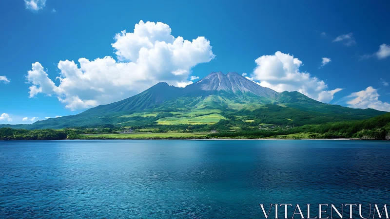 Volcanic island landscape under cumulus cloud field and clear sky
