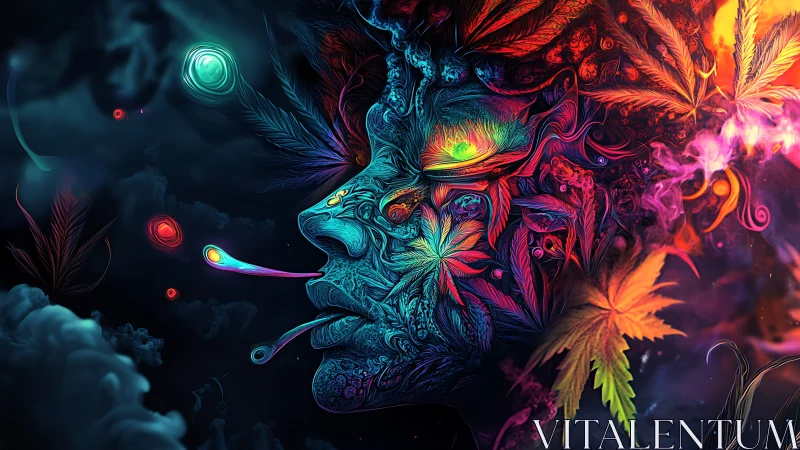 Dream-lit cosmic face woven from neon leaves and flame.