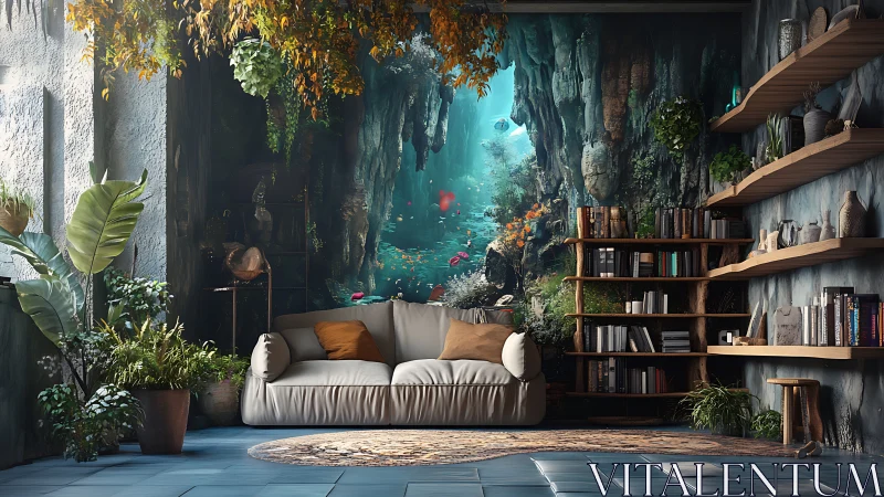 Underwater cave mural in relaxed plant filled living room.
