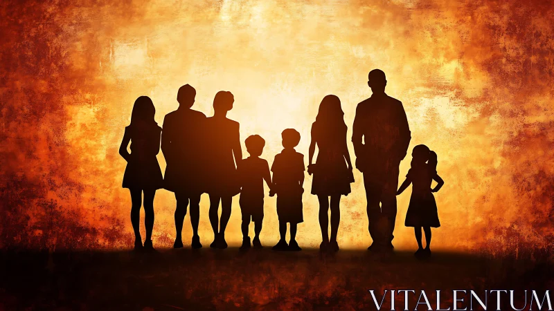 Silhouetted family constellations glow against an ember sky