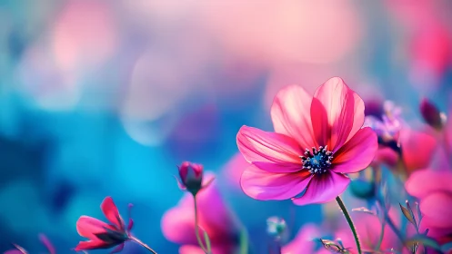 Vibrant Pink Cosmos Blooms Glowing in Dreamy Light.