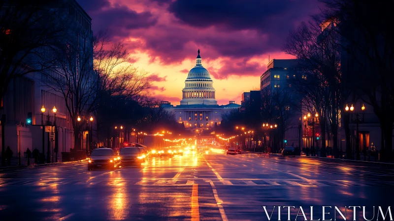 Capitol dome glows above rainlit avenue at electric sunset