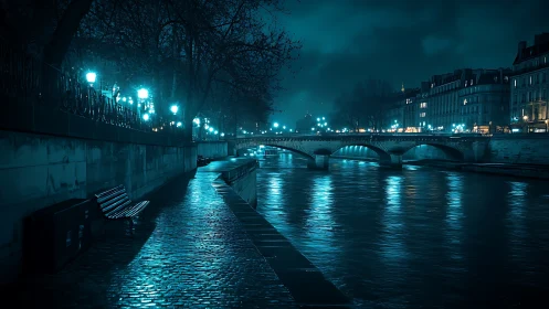 Midnight riverside walk under quiet blue city lights.