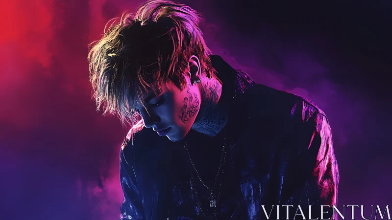 Moody neon portrait of tattooed young man in profile.