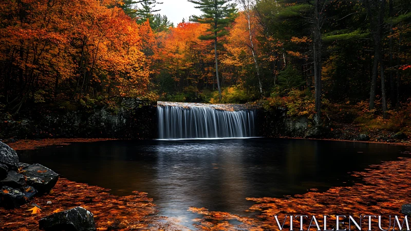 Autumn forest waterfall flowing into calm reflective pool.