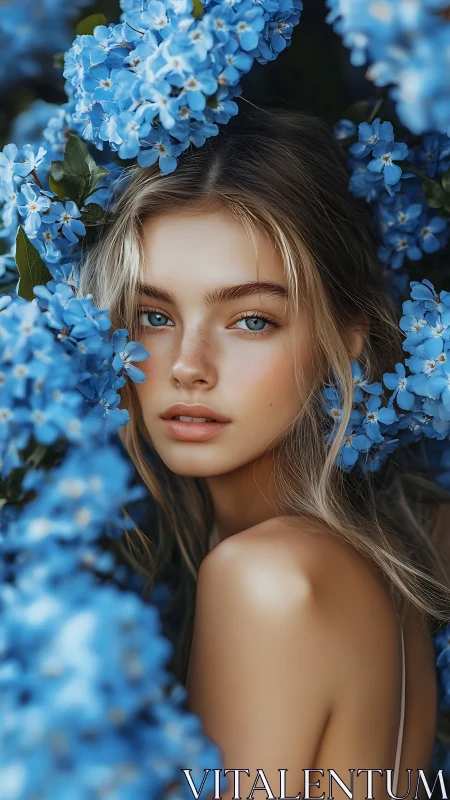 Blue hydrangea portrait frames luminous freckled beauty.