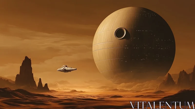 Orbital sphere above desert canyon under amber sky.