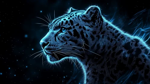 Snow leopard rendered with cyan luminescent edges against dark background