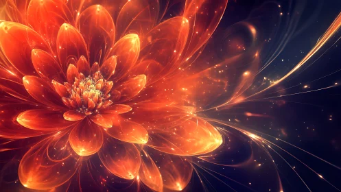 Digital painting of luminous cosmic dahlia bloom in motion.