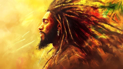 Profile portrait with flowing dreadlocks in molten light.