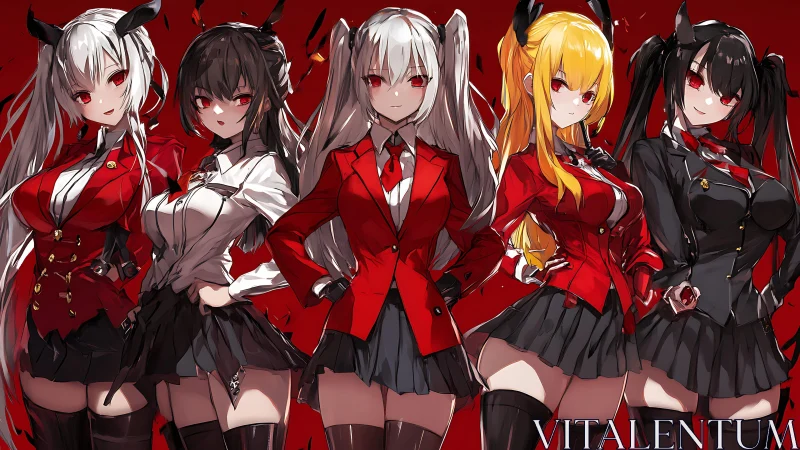 Crimson demon council in stylized anime academy uniforms.