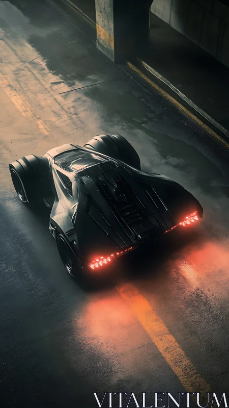 Futuristic stealth car glows in a dim rainy underpass.