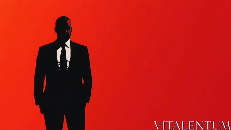 Silhouetted agent in stark black suit on blazing red field.