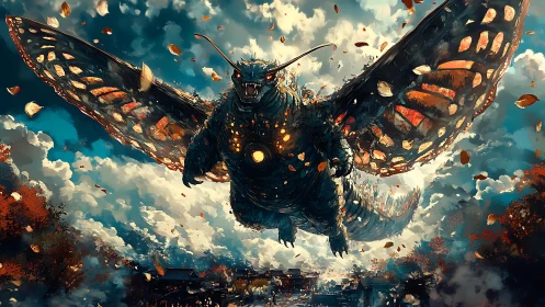 Gentle sky titan with glowing wings over autumn rooftops.