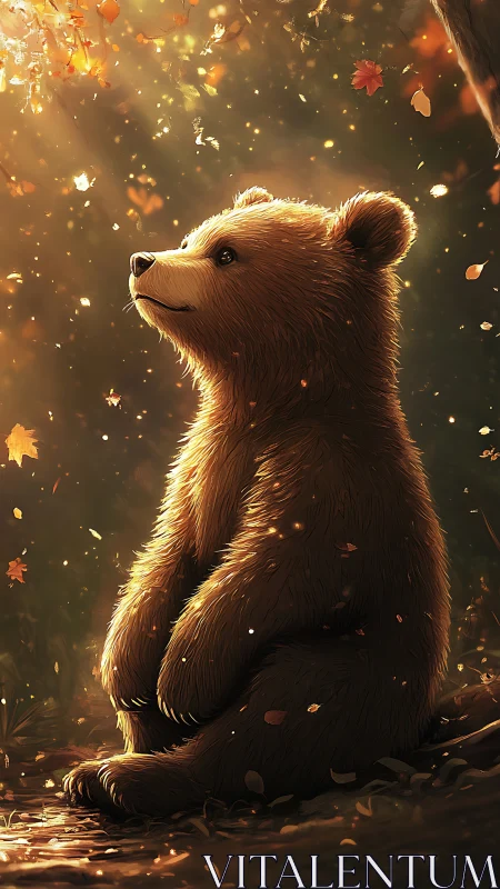 Warm backlit bear cub in autumnal forest vertical study.