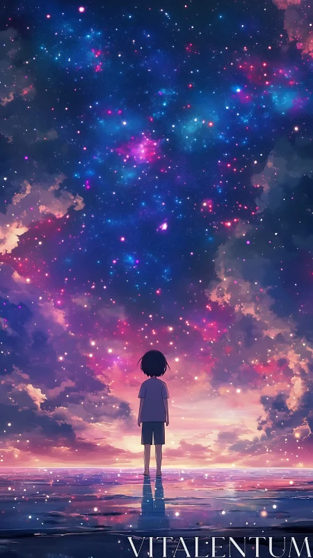 Solitary child gazes cosmic sky over reflective shore.