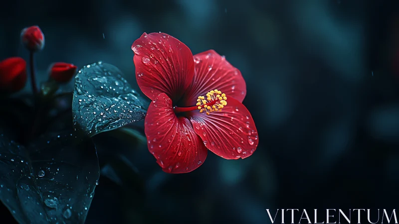 Red Hibiscus with Blue Butterfly in Droplets