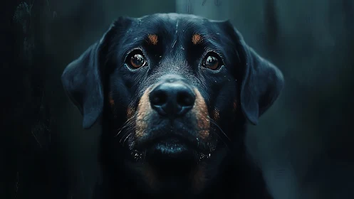 Rottweiler portrait captures reflective gaze in moody light