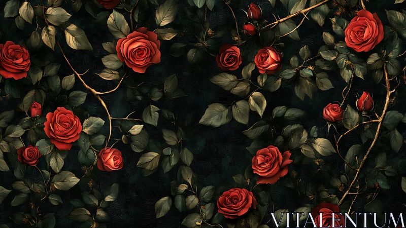 Red Roses Blooming Against Dark Foliage Tapestry.