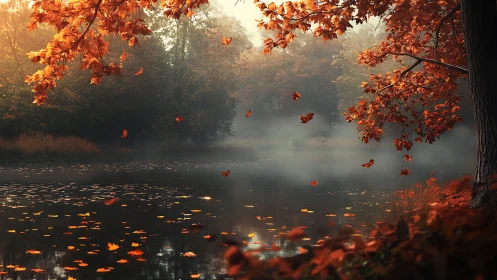 Autumn trees frame misty lake with drifting orange leaves