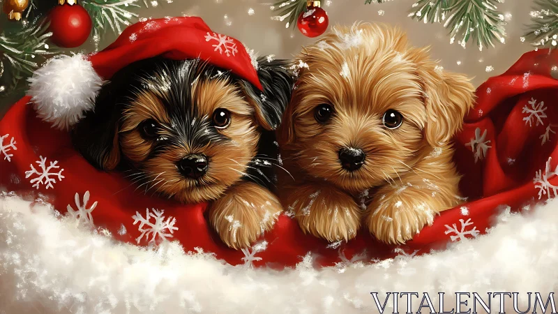 Two small puppies in red Christmas blanket and decor.