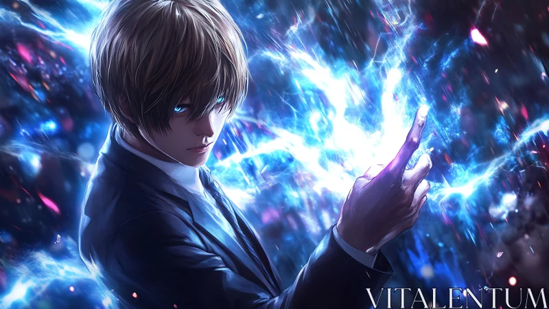 Anime boy in suit controlling intense blue lightning energy.