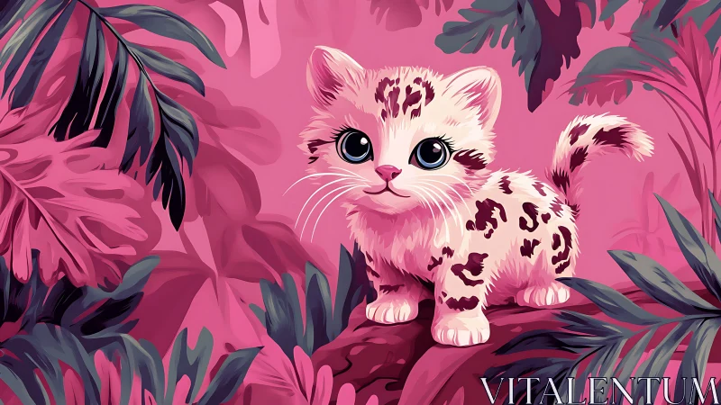 Tiny jungle leopard kitten patrols a neon pink paradise